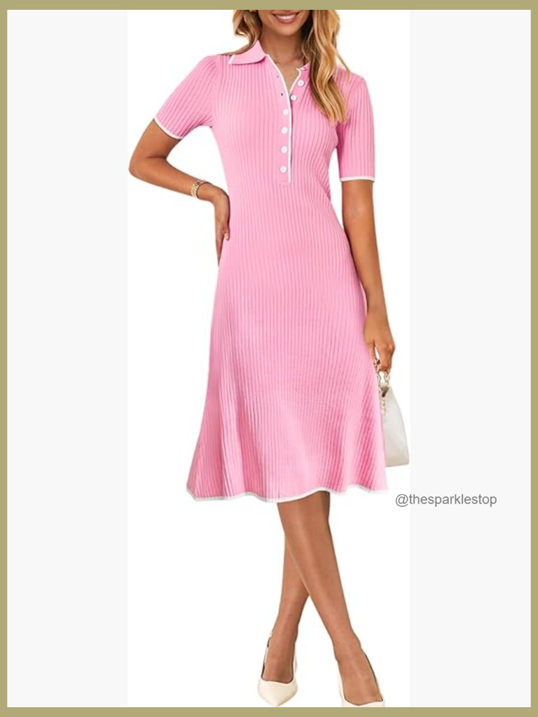 Ribbed Knit V-Neck Button Front Midi Dress Bodycon Business Casual